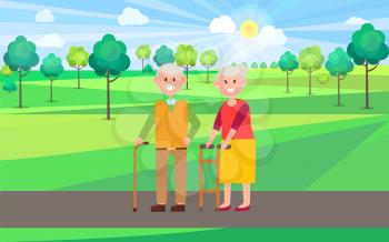 Granny and granddad poster, elderly people walking and enjoying landscapes and nature, trees and sun with clouds, isolated on vector illustration