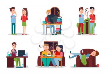 Set of Colorful cards with people with bad habits, vector illustration, eating and working at night men and woman, smoking and addicted to coffee