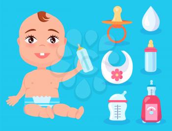 Cute boy with one teeth and set of various stuff vector illustration isolated on blue backdrop, bib with flower, varied bottles, white drop and nipple