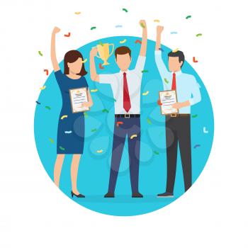Businessman and prize, poster of people, enjoying success, award and flying confetti, happy moments at work, isolated on vector illustration