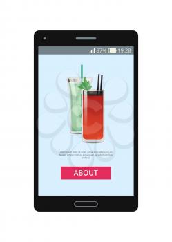 Two cocktails pictures on smartphone s display, vector illustration of red drink with two black straws and mint, green liquid with lot of square ice