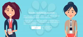 Young business women colorful vector illustration with bright blue backdrop, pair of cheerful girls in official suit, white text sample, push buttons