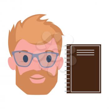 Male blond character with beard, in transparent glasses with paper spiral note book vector illustration isolated on white background, man and copybook
