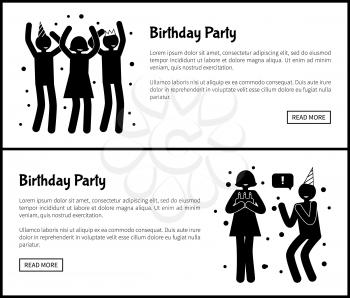Birthday party posters with people black silhouettes who dance and chats isolated cartoon vector illustrations and sample texts on white background.