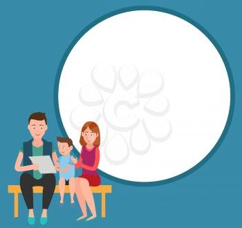Family mother father and son sitting on bench and watching boys grades on exams list. Parents proud about child vector isolated on round frame for text