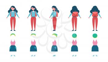 Schoolgirl with big backpack, spare clothes and stiletto shoes faceless model from all sides isolated cartoon vector illustration on white background.