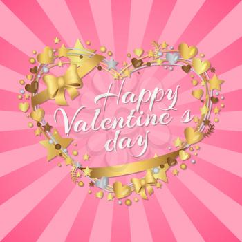 Happy Valentines day poster with inscription in hearts shape frame, small heart with golden bow and ribbon vector illustration isolated on pink rays