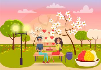 Young male and female sits on brown bench in park and holds gift in red box with bow over which many ruddy hearts vector illustration