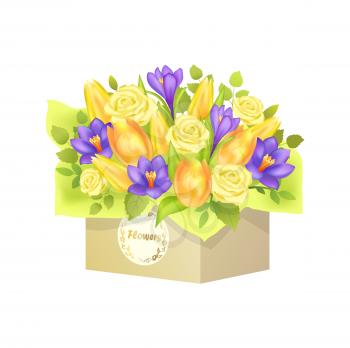Bouquet of roses and tulips with bell-flowers, flourishing and blooming, squared box and wrapping, vector illustration isolated on white background
