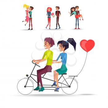 Concept of couples in love ride bicycle with red balloon in shape of heart, gives red flowers and cuddling vector illustration.