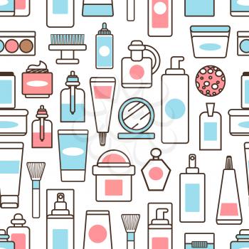 Plastic bottles and jars with organic creams and lotions minimalistic cartoon flat vector illustrations inside seamless pattern on white background.