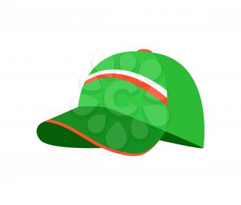 Sketch of green cap, colorful vector illustration with pretty hat, white and red stripes, headdress with dark visor, isolated on white background