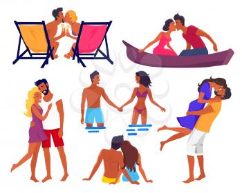 Couples in love on summer holidays that hold hands, kiss and hug each other, sit in recliner, stand in water and swim on canoe vector illustrations.