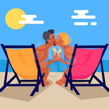 Suntanned couple in swimwear sits on recliners with tasty sweet cocktails and kisses vector illustration, background with lovers at seaside