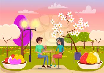 Couple in love sitting at table on sunset in green blossom park. Smiling man holds bouquet of five tulips vector illustration.