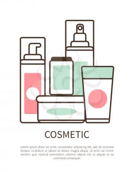 Cosmetic set colorful poster vector illustration with lot of creams in various shape bottles with pink and green labels, text sample, white background