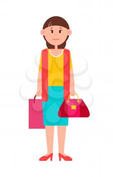 Adult woman in casual clothes and stiletto shoes with shopping bag and elegant purse isolated cartoon flat vector illustration on white background.