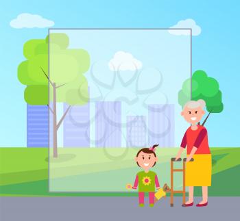 Granny and granddaughter standing by filling form, kid with toy, teddy bear, park and trees, buildings and cityscape, isolated on vector illustration