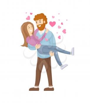 Man with beard holding woman on hands vector illustration of couple in love with hearts over heads isolated on white background, lovers embracing