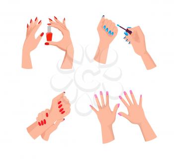 Modern bright manicure on neat female hands that hold bottle of nail polish and thin brush isolated cartoon vector illustrations on white background.