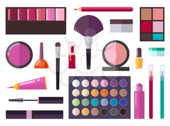 Make up collection, poster with objects, such as palette of eyeshadows, brushes and pencils, nail gel and mascara isolated on vector illustration