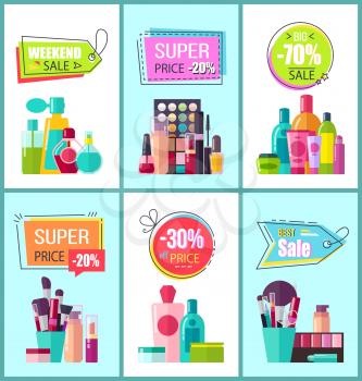Super price for decorative and medical cosmetics promotional posters set. Makeup elements and skin lotions cartoon vector illustrations on banners.