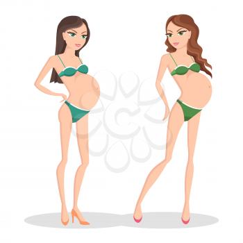Pregnant woman in swimsuit or underwear, on high heels shoes vector illustration of long haired girl waiting for baby arrival isolated on white set