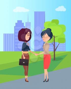Two cute girls isolated on pretty city landscape, vector illustration with handshaking women, business suits, brown trousers, red skirt, green grass