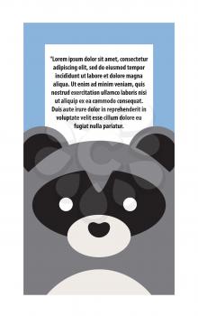 Animal cover, raccoon of grey and black color, with cute nose and eyes, poster with informational text sample in frame isolated on vector illustration