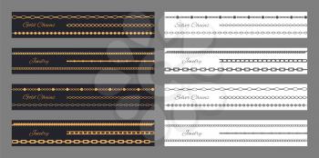 Jewelry cards representing gold and silver chains collection with headlines and variety of types, vector illustration isolated on grey background