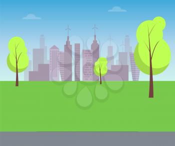 Green lawn with trees and silhouettes of buildings with energy generators systems, solar battery and windmill grey road two clouds vector illustration