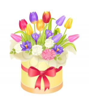 Flowers in oval decorative box luxury tulips, tender crocus, elegant roses, early spring blossoms vector illustration isolated on white background