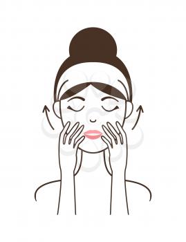 Facial cream application technique on female model in headband with small arrows to show movement direction isolated cartoon flat vector illustration.