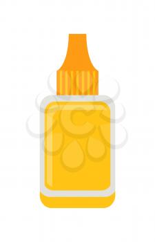 Nail polish remover, poster with plastic container of yellow color with liquid used in process of making manicure, isolated on vector illustration