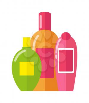 Three patterns of bottles vector illustration of pink orange and green flacons with rectangular emblems, varied shape colorful lids isolated on white