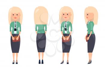 Business suit pattern colorful vector illustration of woman from all sides, green jacket, brown purse, black skirt and shoes, white backdrop