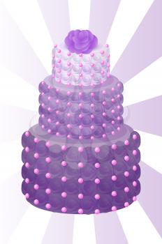 Wedding cake of purple color with roses as decoration and big dots on contours, sweet bakery for special occasion, vector illustration isolated on background with rays