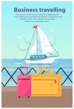 Business travelling, ship and flying seagulls, port and bags of people, luggages and journey, text sample and headline isolated on vector illustration
