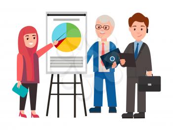 Woman and men on presentation, people involved in business thinking about solutions diagram and graph with information isolated on vector illustration