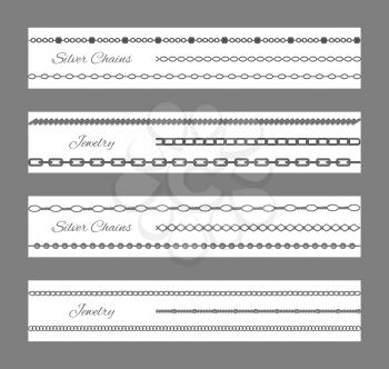 Jewelry and silver chains, set of decorative items, accessories collection placed horizontally, various objects, vector illustration isolated on grey