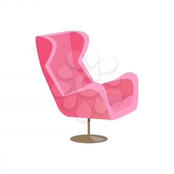 Nice modern pink chair banner vector illustration of stylish curved shapes seat with grey oval stand, bent lines, picture isolated on white background