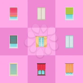 Curtains and jalousies made of textile and thin planks on large plastic windows isolated cartoon flat vector illustrations set on pink background.