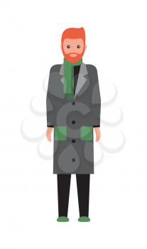 Man wearing long coat of grey color with green pockets, scarf and boots, gentleman looking straight, poster vector illustration isolated on white