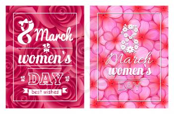 Greeting card design 8 March template day postcards with flourish elements, calligraphic inscription on ribbon vector on background with flowers
