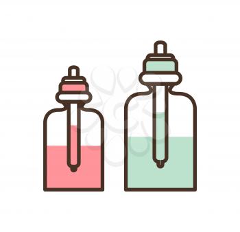 Bottles with essences set of containers made of glass essential oils with fragrance skincare products vector illustration isolated on white background