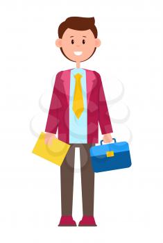 Color vector illustration with happy man in cherry suit and shoes, yellow necktie, brown trousers, blue case, picture isolated on white background