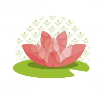 Pink Japanese lotus on green leaf and circle with pattern behind isolated cartoon flat vector illustration. Symbolic tender oriental water flower.
