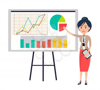 Business woman making presentation near flipchart pointing on diagram by hand. Vector illustration of lady manager with note in hand isolated on white