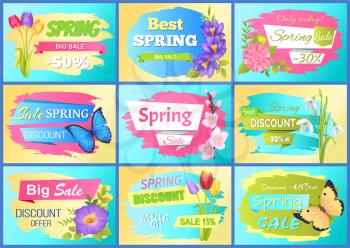 Set of labels spring discounts advertisement stickers colorful bouquets of tulips, snowdrops, crocus and sakura branches promo emblems color vector