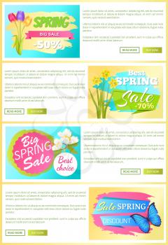 Sale set of web posters with stickers daffodils tulips apple blossoms and butterflies advertisement label with springtime flowers blooming buds, vector